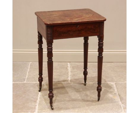 A late George III mahogany work /writing table, in the manner of Gillows, the crossbanded rectangular top with rounded corner