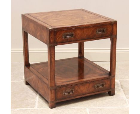 A campaign style oak and mahogany veneered lamp table by Theodore Alexander, late 20th century, the square book veneered top 