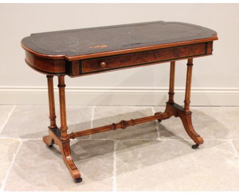 A mid Victorian walnut, ebonised and burr thuya side table, the rounded rectangular top with an inset skiver and ebonised pai