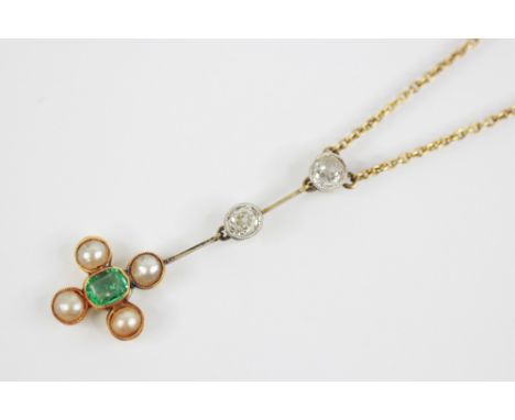 An Edwardian emerald, diamond and pearl pendant, comprising two old cut diamonds, collet set to a knife-edge bar, terminating