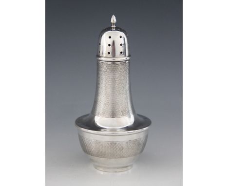 An Art Deco silver mounted sugar caster, Joseph Gloster Ltd, Birmingham 1935, of baluster form with engine turned decoration 