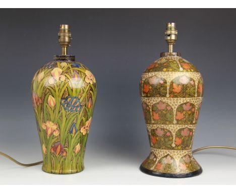 Two painted Papier Mache table lamp bases, 20th century, each of inverted baluster form with flared base and brass fitting, t