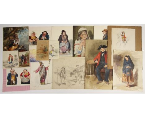 A collection of sixteen unframed watercolour and pencil portrait sketches on paper, the majority 19th century, to include a c