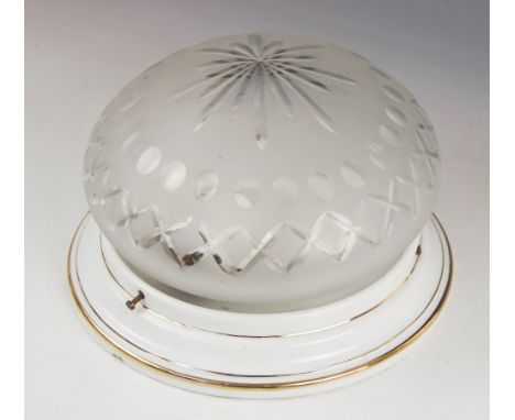 A German Ges. Gesch porcelain and frosted glass ceiling light fitting, mid 20th century, the shade of bowl form with a porcel