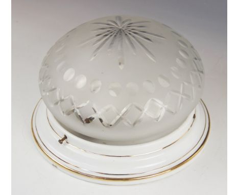 A German Ges. Gesch porcelain and frosted glass ceiling light fitting, mid 20th century, the shade of bowl form with a porcel