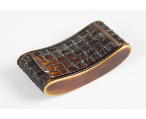 A 19th century tortoiseshell snuff box, of curved rectangular form with chequered decoration, applied gold coloured beading a
