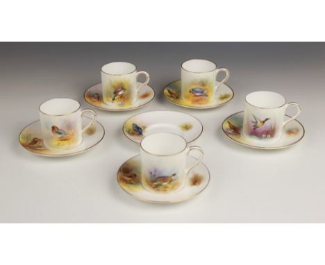 Five Royal Worcester coffee cans and six saucers, each hand painted with gamebirds, comprising: Pheasant by P. Platt, Partrid