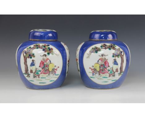 A pair of Chinese 'Ba Xian' powder blue ginger jars and covers, 19th century, each of ovoid form and decorated with The Eight