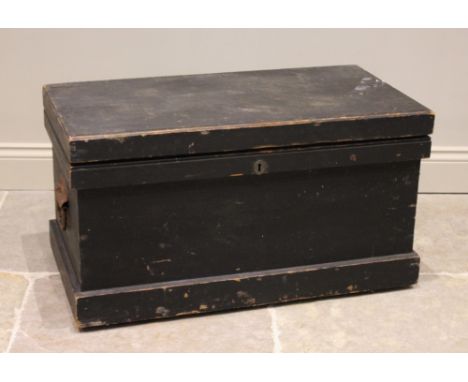 A Victorian pine tool chest and assorted woodworking tools, the hinged chest applied with iron side swing handles opening to 