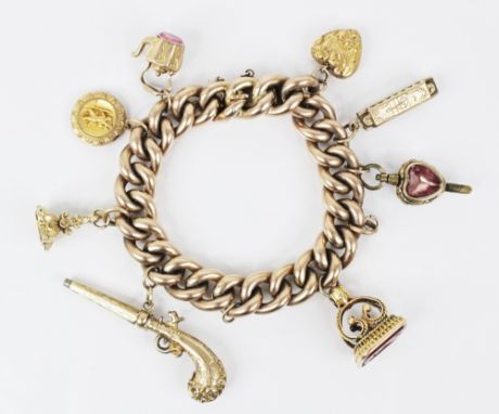 A 9ct gold charm bracelet with assorted charms, the curb-link bracelet with tongue and box snap clasp fastening, 18.5cm long,