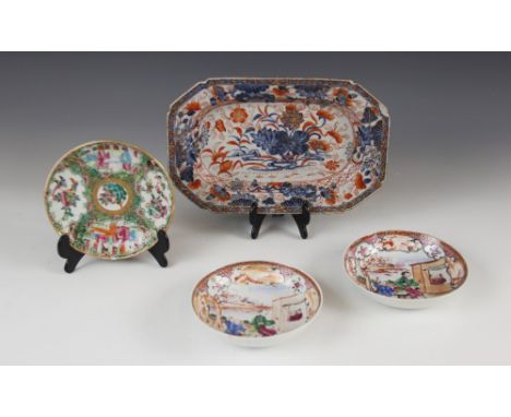 An 18th century Chinese Imari porcelain plate, of canted rectangular form, 24cm wide, with a pair of 19th century puce decora