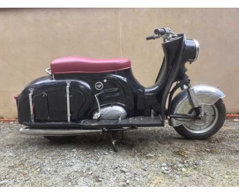 Registration No: YYA 869 Frame No: 7521 MOT: ExemptRestored conditionRunning scooter in attractive black colour schemeV5C rea