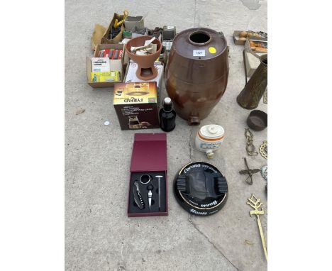 A LARGE CERAMIC BARREL AND TWO FURTHER VESSELS 
