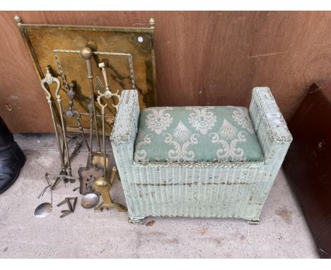 A LLYOD LOOM STYLE TRUNK AND AN ASSORTMENT OF BRASS TO INCLUDE A FIRE SCREEN AND COMPANION SETR ITEMS ETC 