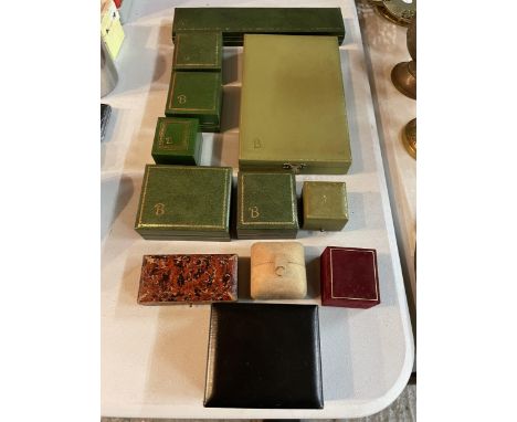 A NUMBER OF EMPTY JEWELLERY BOXES TO INCLUDE SEVERAL FROM 'BATTY MANCHESTER' AND ONE FROM 'ROTARY' 
