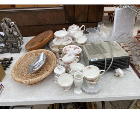 AN ASSORTMENT OF ITEMS TO INCLUDE A DUCHESS 'JUNE BOUQUET' PART TEA SERVICE, A PHILIPS HEATER AND A LARGE GLASS BOWL ETC 