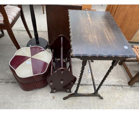 A 1960s POUFFE, A MAGAZINE RACK AND AN OAK OCCASIONAL TABLE ON BARLEY TWIST SUPPORTS 
