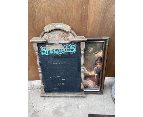 A VINTAGE FRAMED PICTURE AND A PUB ADVERTISING BOARD 