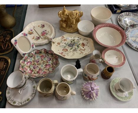 A COLLECTION OF POTTERY TO INCLUDE PLATES, CUPS, BOWLS ETC 