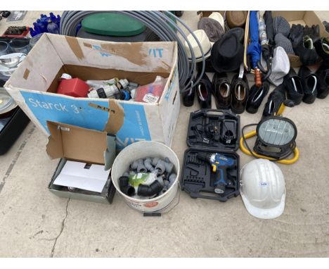AN ASSORTMENT OF ITEMS TO INCLUDE WATER PIPE FITTINGS, A WORKZONE DRILL AND A SPOT LIGHT ETC 