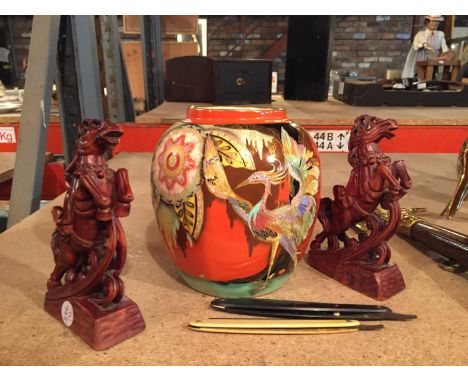 A CARLTONWARE VASE, TWO ORIENTAL FIGURINES ON HORSES AND TWO CUT THROAT RAZORS 