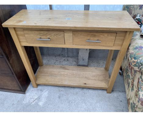 A MODERN OAK CONSOLE TABLE WITH TWO DRAWERS 35.5" WIDE 