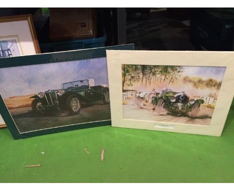 TWO PRINTS IN MOUNTS ONE OF A VINTAGE MG AND ONE OF DUAL AT LE MANS 