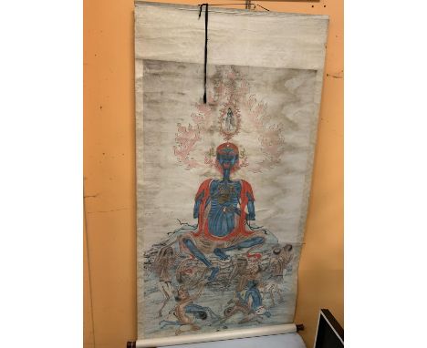 A VINTAGE PAINTED BUDDHIST PRAYER BANNER 
