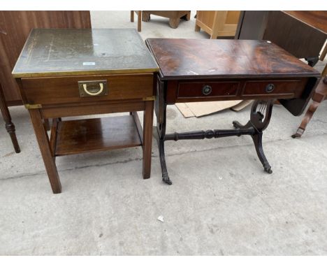 AN ANTIQUE STYLE LAMP TABLE AND MINIATURE SOFA TABLE 