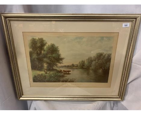 TWO LARGE FRAMED PRINTS OF VINTAGE SCENES INCLUDING CATTLE IN A RIVER SETTING 