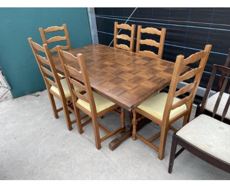 A REFECTORY STYLE DINING TABLE WITH WOODBLOCK TYPE TOP AND SIX LADDER BACK DINING CHAIRS 