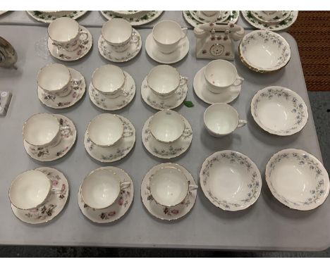 A QUANTITY OF DUCHESS CHINA CUPS AND SAUCERS, ALSO TO INCLUDE BOWLS AND A TELEPHONE MONEY BOX 