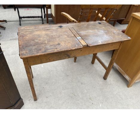 A CHILD'S VINTAGE BEECH DOUBLE SCHOOL DESK 