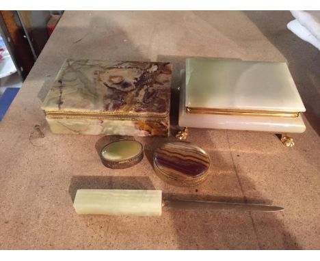 TWO RESIN JEWELLERY/TRINKET BOXES, TWO PILL BOXES AND A LETTER OPENER 