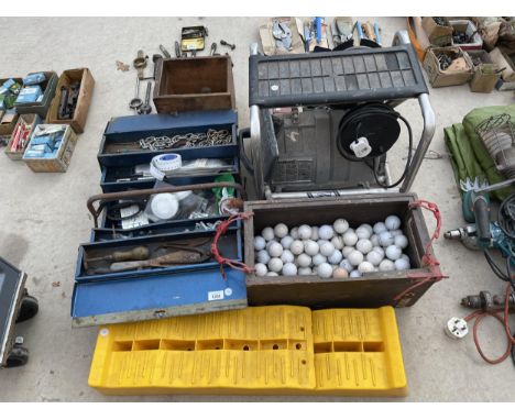 AN ASSORTMENT OF ITEMS TO INCLUDE A LARGE QUANTITY OF GOLF BALLS, A WALL PAPER STRIPPER AND HAND TOOLS 