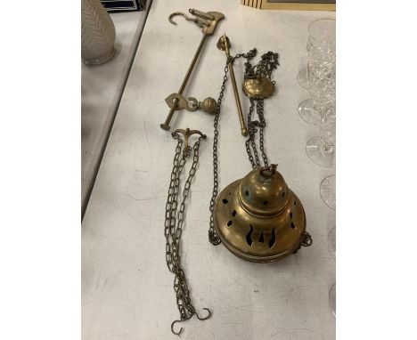 A BRASS INCENSE BURNER, CANDLE SNUFFER WEIGHING SCALES ETC 