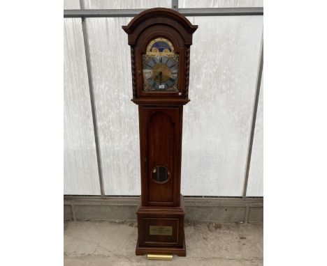 A REPRODUCTION LONGCASE CLOCK WITH TRIPLE WEIGHTS,'MOZER' WITH BULLDOG TYPE DOOR 