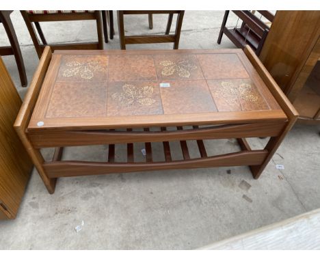 A RETRO TEAK COFFEE TABLE WITH INSET TILE TOP 38"X20" 