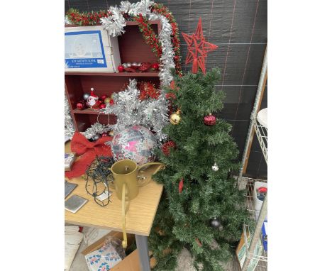 AN ASSORTMENT OF CHRISTMAS ITEMS TO INCLUDE AN ARTIFICIAL TREE, A CHRISTMAS TREE STAND AND A LIGHT UP JOY NATIVITY SCENE ETC 