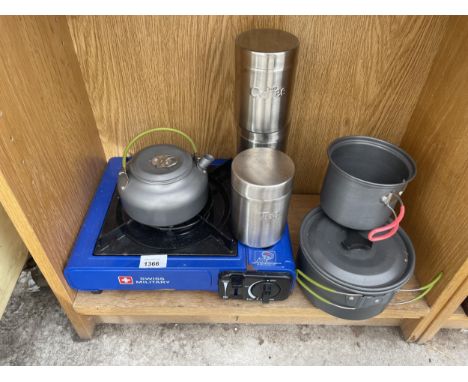 A SWISS MILITARY GAS CAMPING STOVE, TEA AND COFFEE CADDY SET AND THREE PANS ETC 