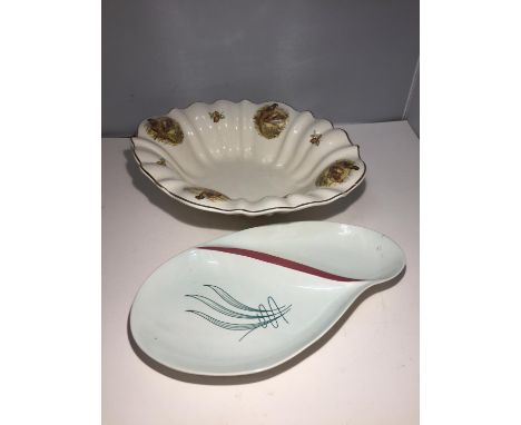 A STAFFORDSHIRE IRONSTONE DISH IN A PHEASANT DESIGN AND A CARLTONWARE SERVING DISH 