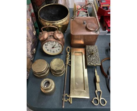 A VARIETY OF ITEMS TO INCLUDE A VINTAGE PARAFFIN HEATER, ALARM CLOCK, CANDLE SNUFFER, LETTER BOX 