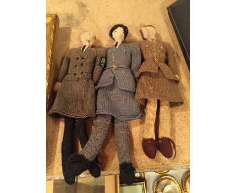 THREE HANDKNITTED WAR DOLLS IN THE GUISE OF A WREN, A WRAF AND AN ARMY LADY 