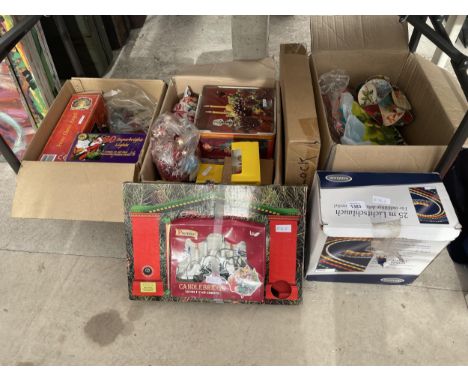 A LARGE ASSORTMENT OF CHRISTMAS DECORATIONS TO INCLUDE LIGHTS, TREE DECS AND LIGHT DISPLAYS ETC 
