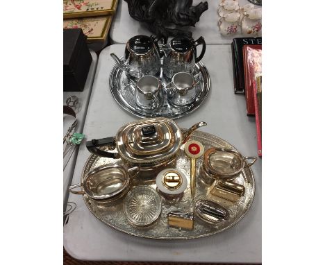 A MATCHING DECORATIVE 'WILLOW WARE' TRAY, TEA &amp; COFFEE POT, SUGAR BOWL &amp; MILK JUG TOGETHER WITH LARGE ORNATE TRAY, A 