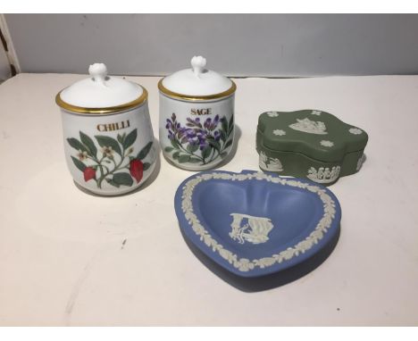 TWO PIECES OF WEDGEWOOD JASPERWARE AND TWO ROYAL WORCESTER HERBS AND SPICES POTS 
