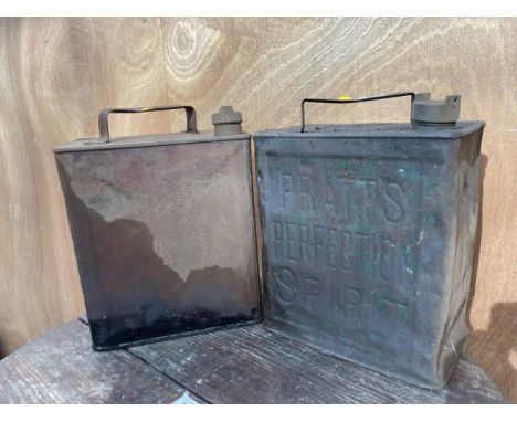 A VINTAGE PRATTS FUEL CAN WITH BRASS CAP AND A FURTHE VINTAGE FUEL CAN WITH BRASS CAP 