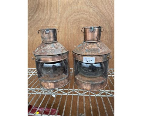 A PAIR OF VINTAGE COPPER BOAT LIGHTS ONE STAMPED PORT AND THE OTHER STAMPED STARBOARD 