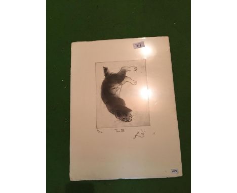 AN ORIENTAL SIGNED PRINT OF A CAT REPOSING.  LIMITED EDITION 12/150 