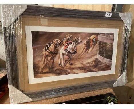 A SIGNED LIMITED EDITION PRINT OF RACING GREYHOUNDS 75/850 